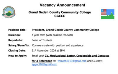 Vacancy Announcement – President, Grand Gedeh County Community College