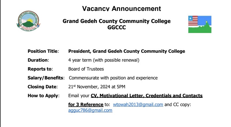 Vacancy Announcement – President, Grand Gedeh County Community College